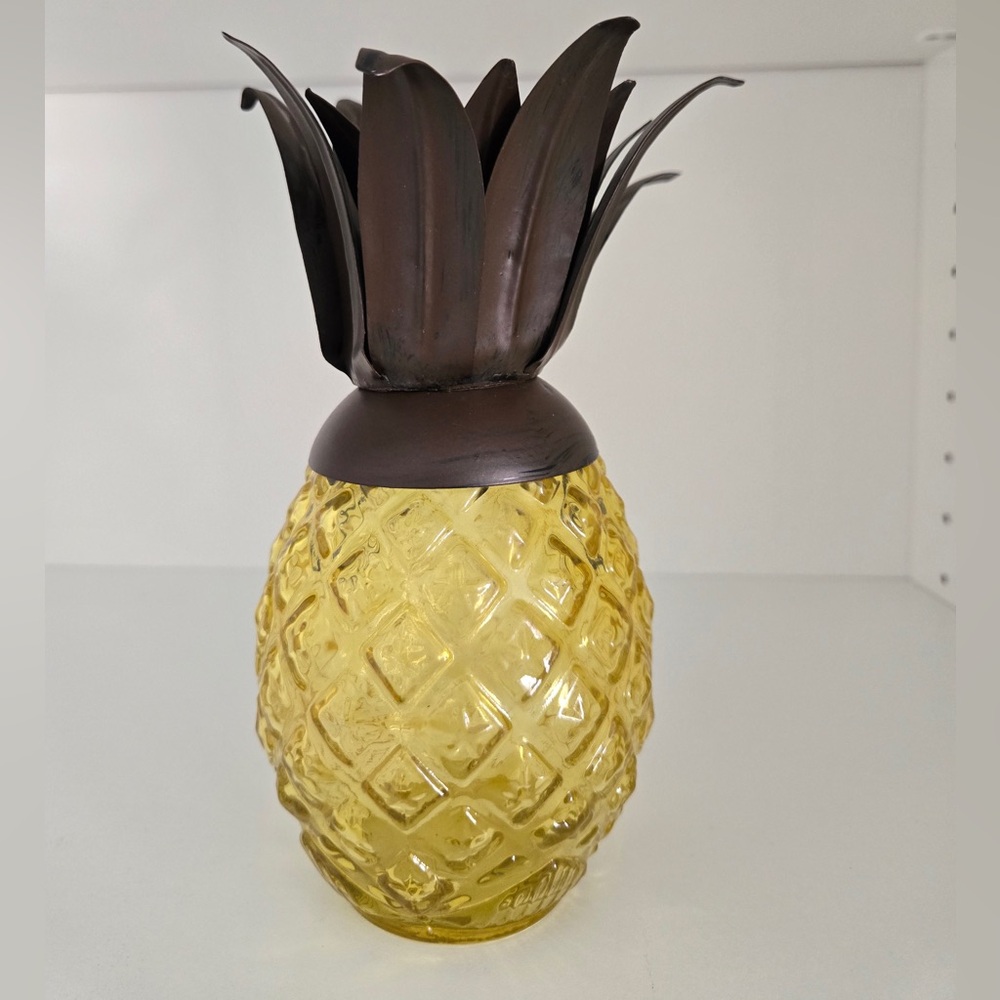 Pineapple Glass Tea Light Candle Holder Tropical Decor Amber Glass & Metal Top